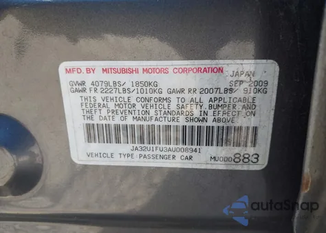 2010 Mitsubishi Lancer De from USA, damaged, VIN JA32U1FU3AU008941